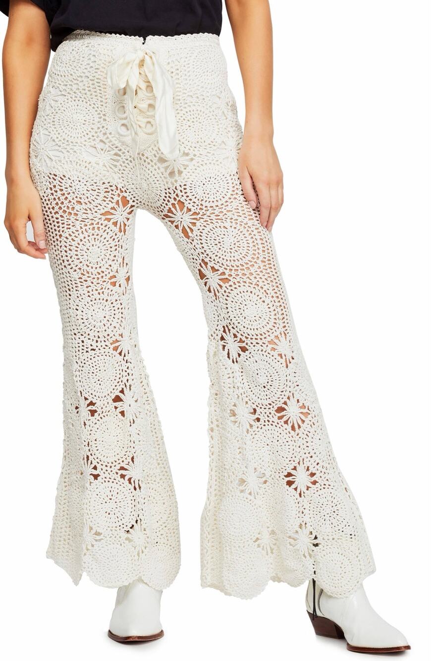Free People S Cream Dragonfly Crochet Flare Leg Lace Up Boho Beach Resort Pants